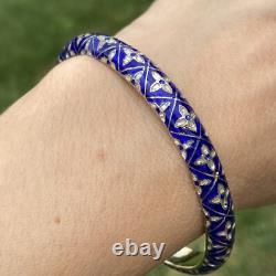 Blue Enamel Sterling Silver Vintage Bangle Bracelet Estate Fine Jewelry