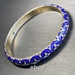 Blue Enamel Sterling Silver Vintage Bangle Bracelet Estate Fine Jewelry
