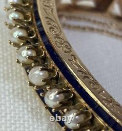 Blue Enameled AAA Cultured Pearl 14k Gold Bangle Bracelet