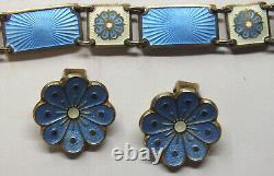 Blue Floral Enamel David Anderson Bracelet + Earrings Set Sterling Silver H949