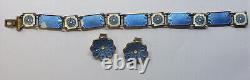 Blue Floral Enamel David Anderson Bracelet + Earrings Set Sterling Silver H949