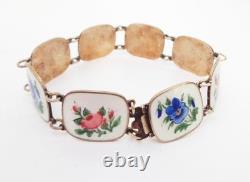 Blue Pansies and Pink Enamel Roses on Sterling Silver Flower Bracelet