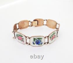 Blue Pansies and Pink Enamel Roses on Sterling Silver Flower Bracelet