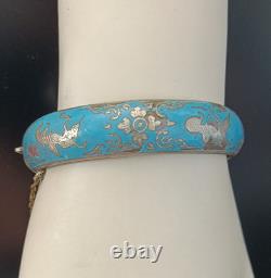 Blue Siam Enamel Bangle Bracelet Sterling Silver Vintage Puffy Dome Tribal 925