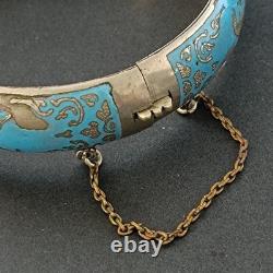Blue Siam Enamel Bangle Bracelet Sterling Silver Vintage Puffy Dome Tribal 925