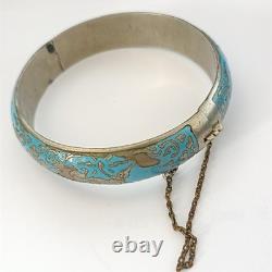 Blue Siam Enamel Bangle Bracelet Sterling Silver Vintage Puffy Dome Tribal 925