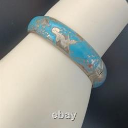 Blue Siam Enamel Bangle Bracelet Sterling Silver Vintage Puffy Dome Tribal 925