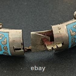 Blue Siam Enamel Bangle Bracelet Sterling Silver Vintage Puffy Dome Tribal 925