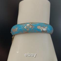 Blue Siam Enamel Bangle Bracelet Sterling Silver Vintage Puffy Dome Tribal 925