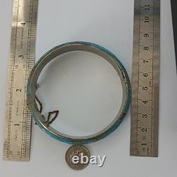 Blue Siam Enamel Bangle Bracelet Sterling Silver Vintage Puffy Dome Tribal 925