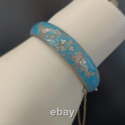 Blue Siam Enamel Bangle Bracelet Sterling Silver Vintage Puffy Dome Tribal 925