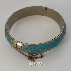 Blue Siam Enamel Bangle Bracelet Sterling Silver Vintage Puffy Dome Tribal 925