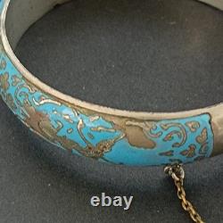 Blue Siam Enamel Bangle Bracelet Sterling Silver Vintage Puffy Dome Tribal 925