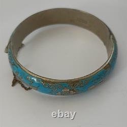 Blue Siam Enamel Bangle Bracelet Sterling Silver Vintage Puffy Dome Tribal 925