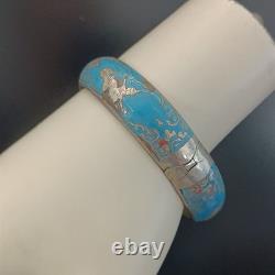 Blue Siam Enamel Bangle Bracelet Sterling Silver Vintage Puffy Dome Tribal 925
