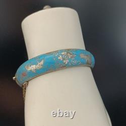 Blue Siam Enamel Bangle Bracelet Sterling Silver Vintage Puffy Dome Tribal 925
