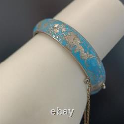 Blue Siam Enamel Bangle Bracelet Sterling Silver Vintage Puffy Dome Tribal 925