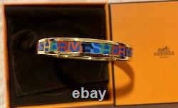 Bnib Hermes Fin Capitales Blue Background Gold Trim Bangle Bracelet Sz Small