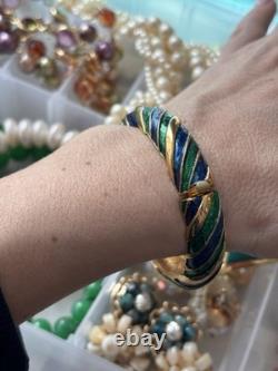 Boucher bracelet Enamel Blue Green gold Stretch Vintage Signet