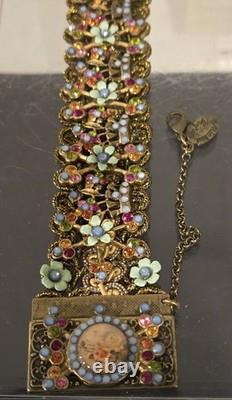 Bracelet Michal Negrin Rhinestone Enamel Lace Blue Flowered Handmade EUC