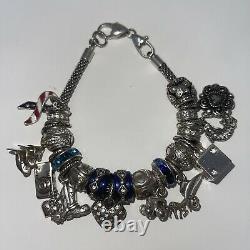 Brighton 8 1/2 Blue Silver 22 Jeweled Charms & Spacers Loaded Mesh Box Bracelet