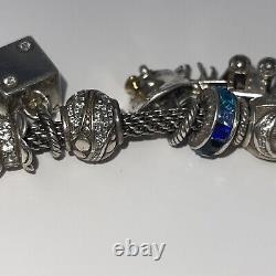 Brighton 8 1/2 Blue Silver 22 Jeweled Charms & Spacers Loaded Mesh Box Bracelet