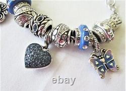 Brighton Silver & Blue Enamel Swarovski Crystals Double Heart Slide Bracelet #4