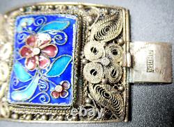 CHINESE EXPORT Silver Filigree Cloisonne Enamel Flowers Vintage Bracelet