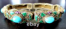 CHINESE EXPORT Sterling Silver Enamel Turquoise Vintage Bracelet