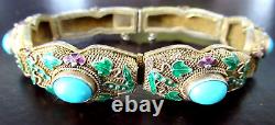 CHINESE EXPORT Sterling Silver Enamel Turquoise Vintage Bracelet