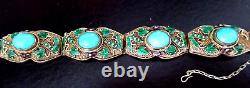 CHINESE EXPORT Sterling Silver Enamel Turquoise Vintage Bracelet