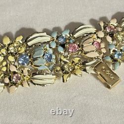 CORO enamel flower, leaf colored blue yellow pink exceptional gold bracelet vtg
