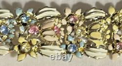 CORO enamel flower, leaf colored blue yellow pink exceptional gold bracelet vtg