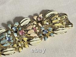 CORO enamel flower, leaf colored blue yellow pink exceptional gold bracelet vtg