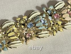 CORO enamel flower, leaf colored blue yellow pink exceptional gold bracelet vtg