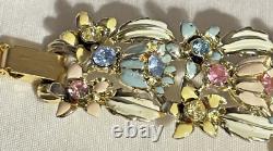 CORO enamel flower, leaf colored blue yellow pink exceptional gold bracelet vtg