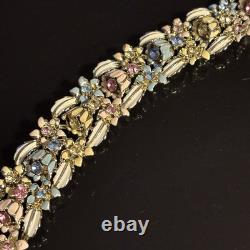 CORO enamel flower, leaf colored blue yellow pink exceptional gold bracelet vtg