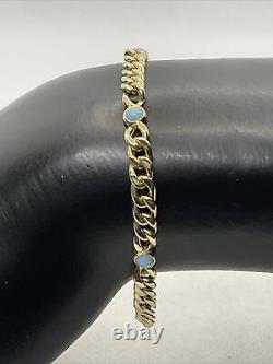 CUTE 14K Yellow Gold Light Blue Enamel CUBAN CURB Link Chain Bracelet 3.4gr