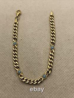 CUTE 14K Yellow Gold Light Blue Enamel CUBAN CURB Link Chain Bracelet 3.4gr