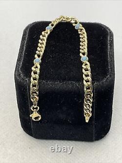 CUTE 14K Yellow Gold Light Blue Enamel CUBAN CURB Link Chain Bracelet 3.4gr