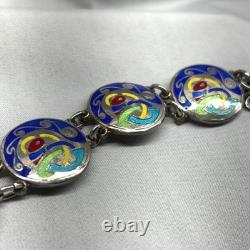 Celtic Irish Art Bracelet Unisex 7.25in Blue Silver Good Enamel Sterling Link