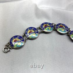 Celtic Irish Art Bracelet Unisex 7.25in Blue Silver Good Enamel Sterling Link