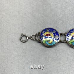 Celtic Irish Art Bracelet Unisex 7.25in Blue Silver Good Enamel Sterling Link