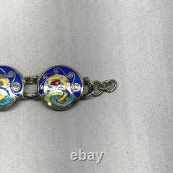 Celtic Irish Art Bracelet Unisex 7.25in Blue Silver Good Enamel Sterling Link