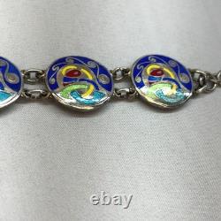 Celtic Irish Art Bracelet Unisex 7.25in Blue Silver Good Enamel Sterling Link