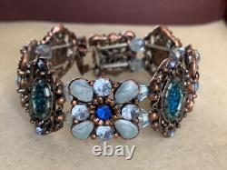 Chaming Vintage French Creator Bracelet Floral design Blue Enamel & Crystal