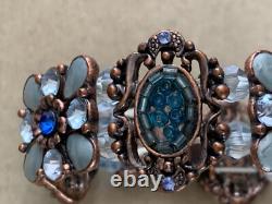 Chaming Vintage French Creator Bracelet Floral design Blue Enamel & Crystal