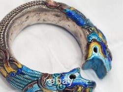 Chinese Antique Silver Tribal Enamel Double Dragon Bracelet Blue Teal Heavy