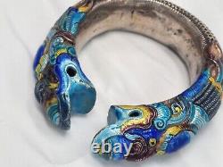 Chinese Antique Silver Tribal Enamel Double Dragon Bracelet Blue Teal Heavy