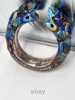 Chinese Antique Silver Tribal Enamel Double Dragon Bracelet Blue Teal Heavy